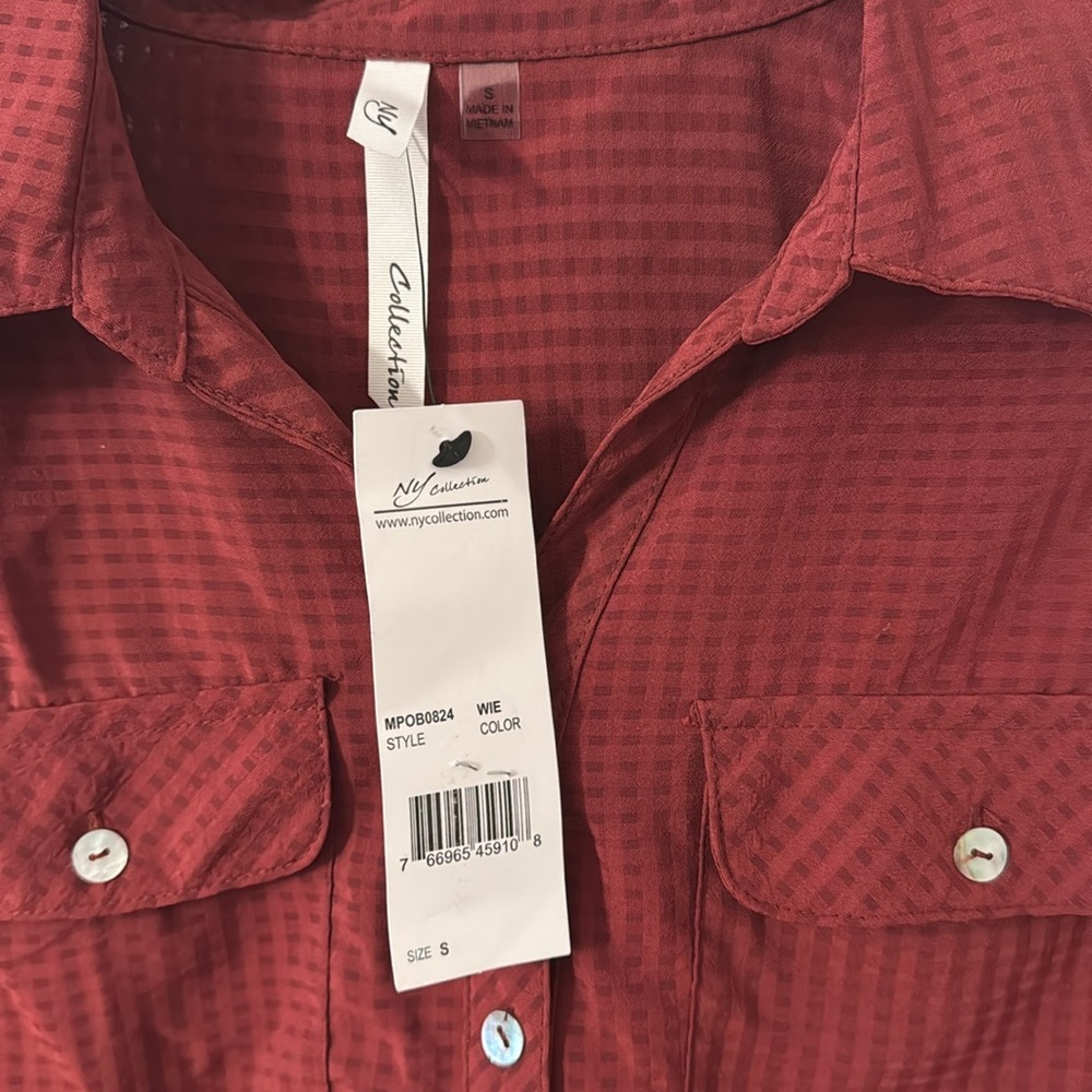 Ny Collection Petite 3/4 Sleeve Windowpane Blouse Wine NWT Size Small - Picture 10 of 14